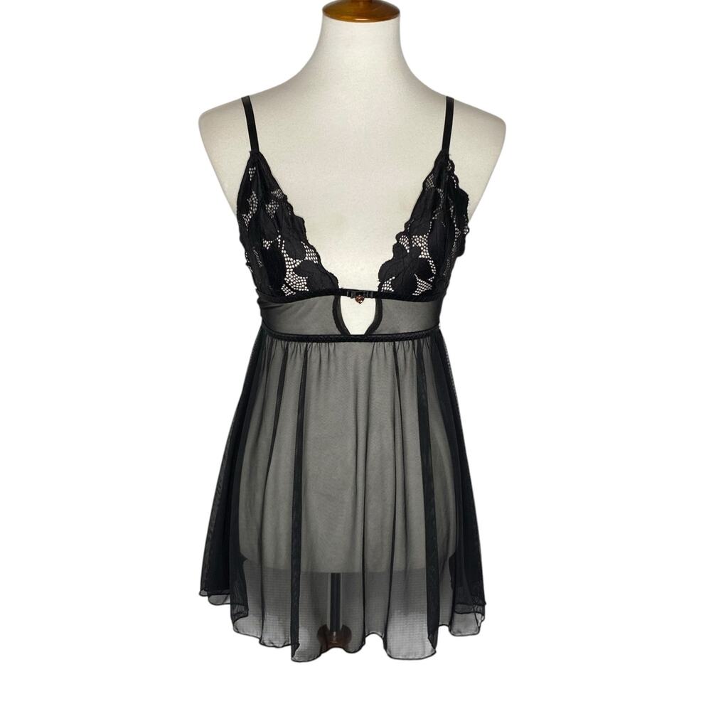 Rachel Roy Babydoll Chemise Black Lace Cutout Sheer Mesh Lingerie Large Coquette